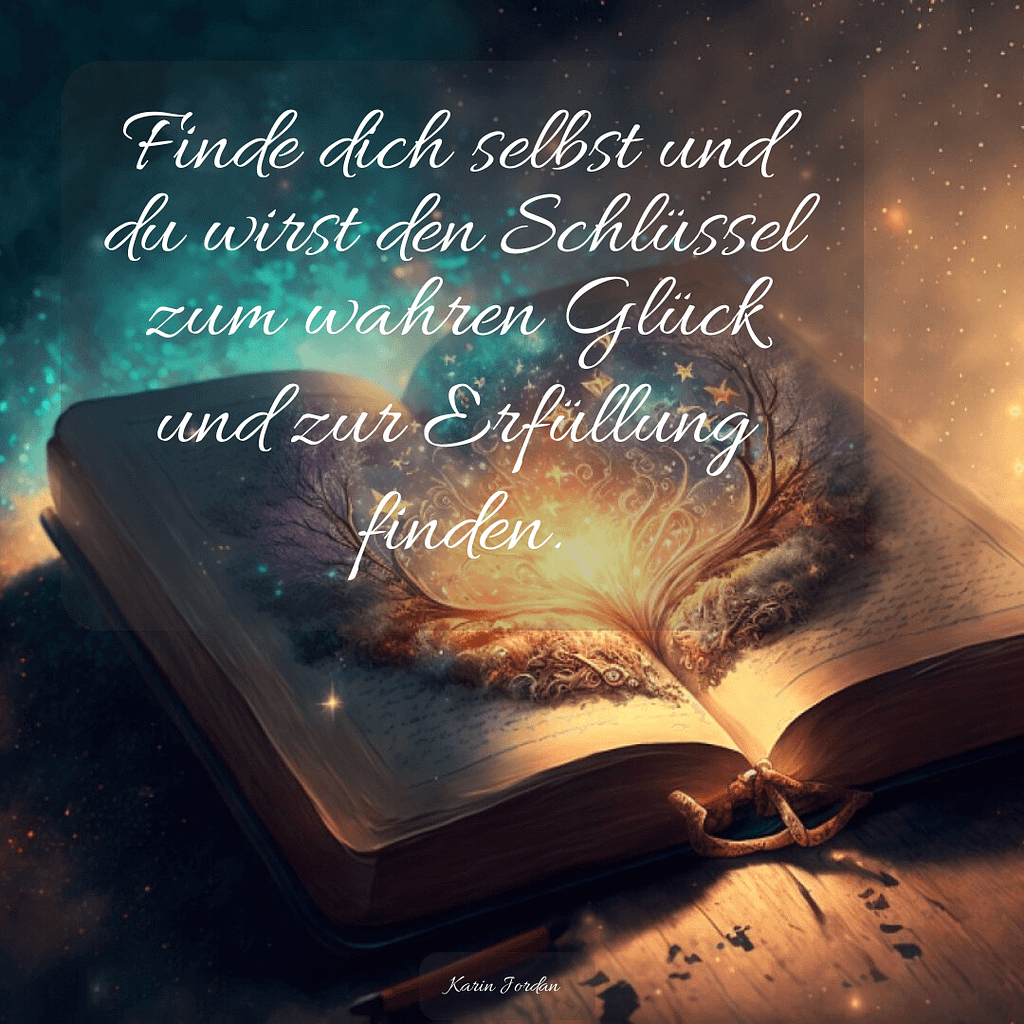 Ein aufgeschlagenes Buch mit Sinnspruch, finde dich selbst