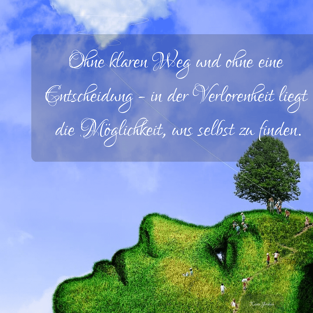 Ein menschlicher Kopf in grün, liegend als Berg und Tal dargestellt aus dem Menschen hinauf laufen um sich selbst zu finden