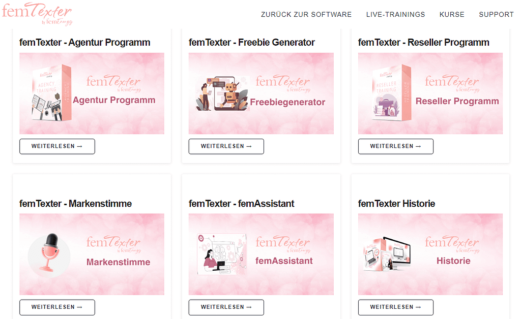 Hier ist zu sehen, das es zu jeder Anwendung von femTexter Tutorials gibt