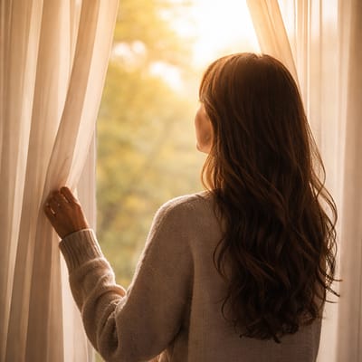 Frau schaut aus dem Fenster ins Licht um Klarheit zu finden
