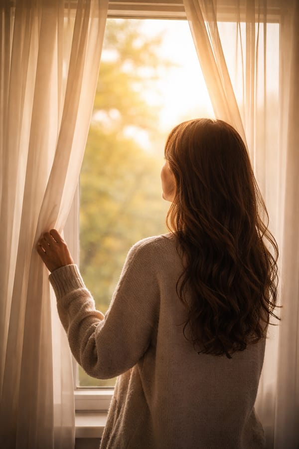Frau schaut aus dem Fenster ins Licht um Klarheit zu finden