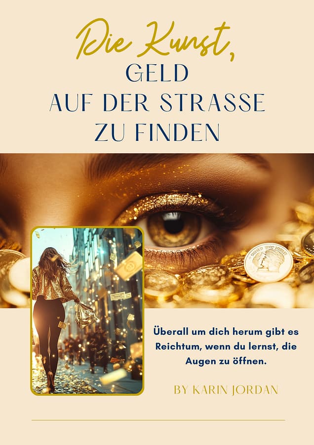E-Book Cover: die Kunst, Geld auf der Straße zu finden. Das Auge einer Frau und sie blickt auf jede Menge Geldmünzen. Eine andere Frau, die durch die Stadt läuft und es regnet Geld und fällt auf die Straße