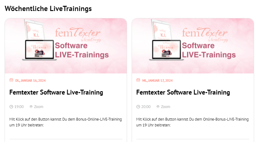 Aus dem Bild ist zu erkennen, das es tägliche Live Trainings zu der Software gibt