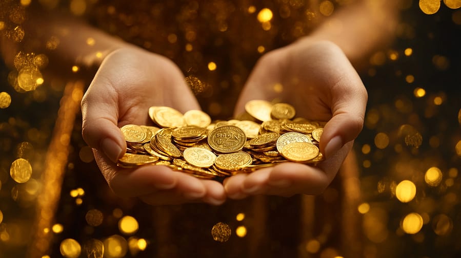 Hände die mit Geldmünzen gefüllt sind. Symbol für finanzielle Fülle